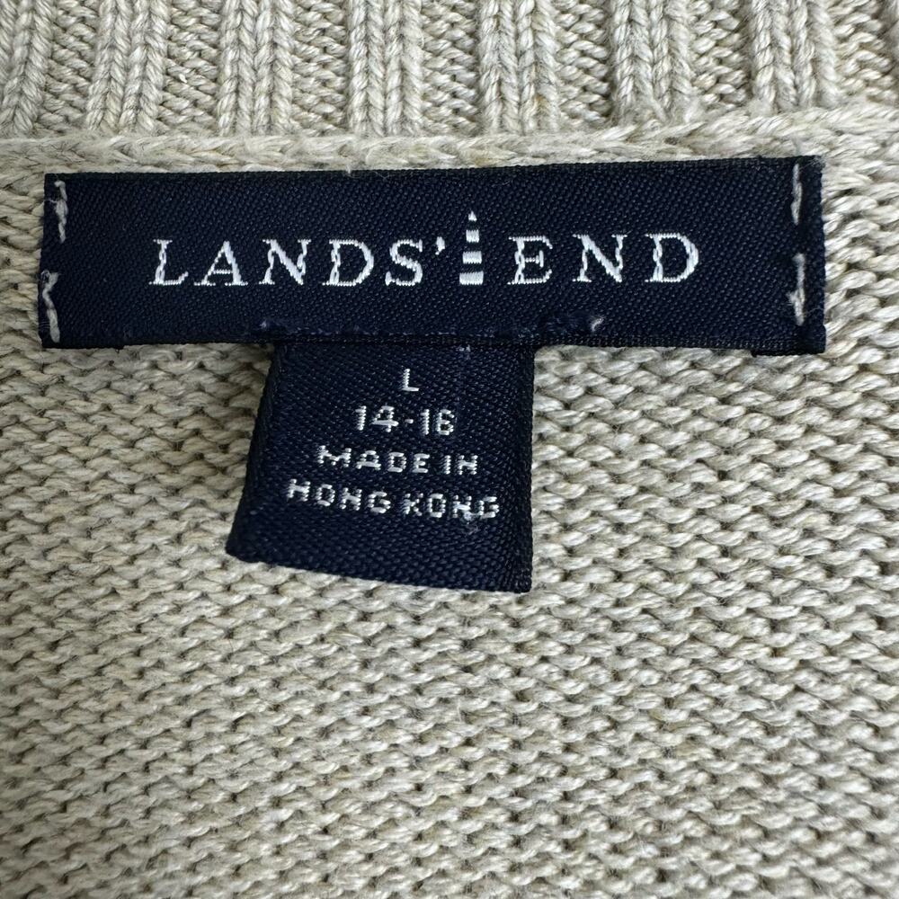 Lands' End Collared V-Neck Sweater Tan Youth Large 14-16 Preppy 100% Cotton - Picture 6 of 8